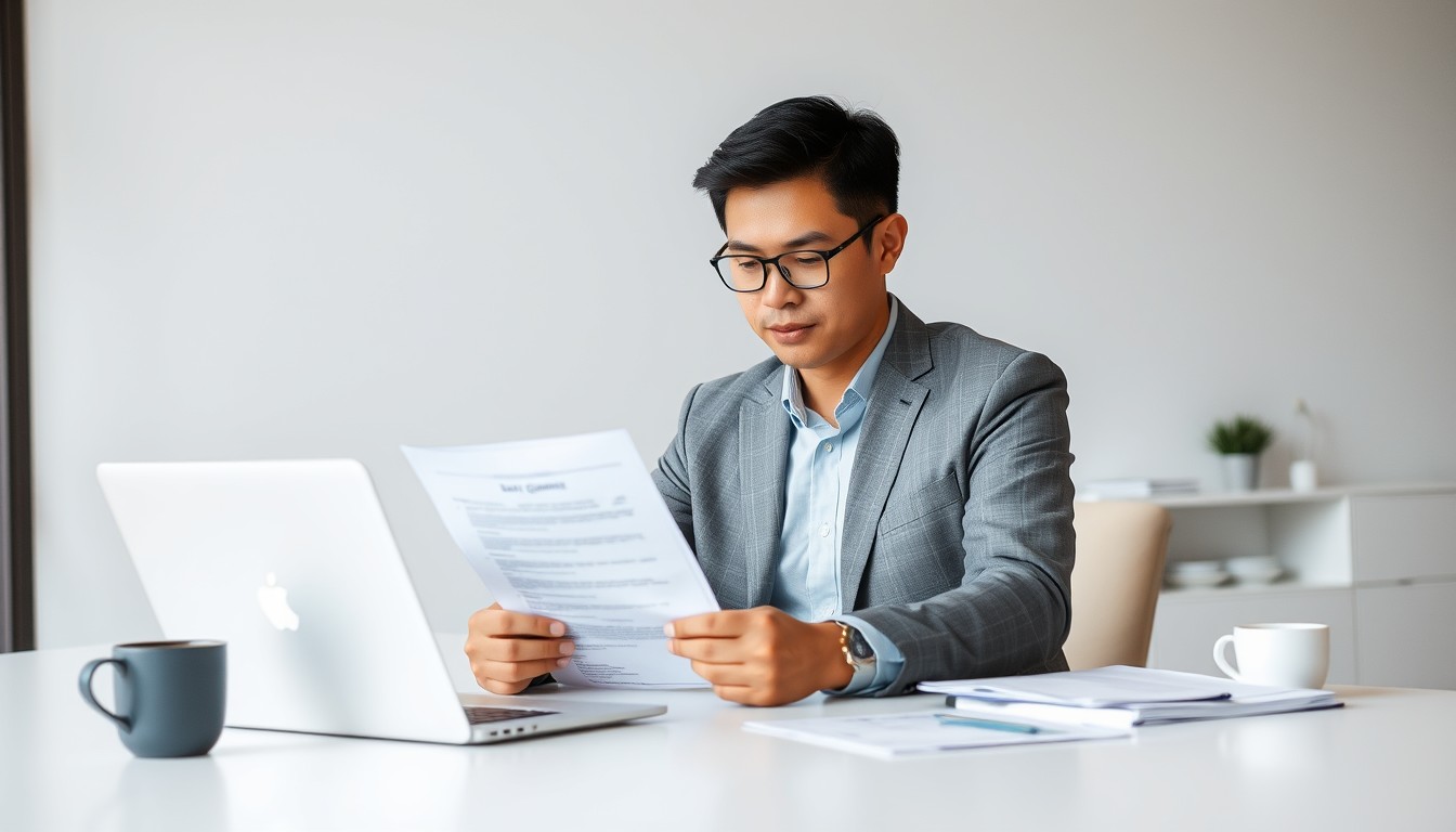 A professional reviewing a bank guarantee document at a sleek desk, focused on the details of the application process.