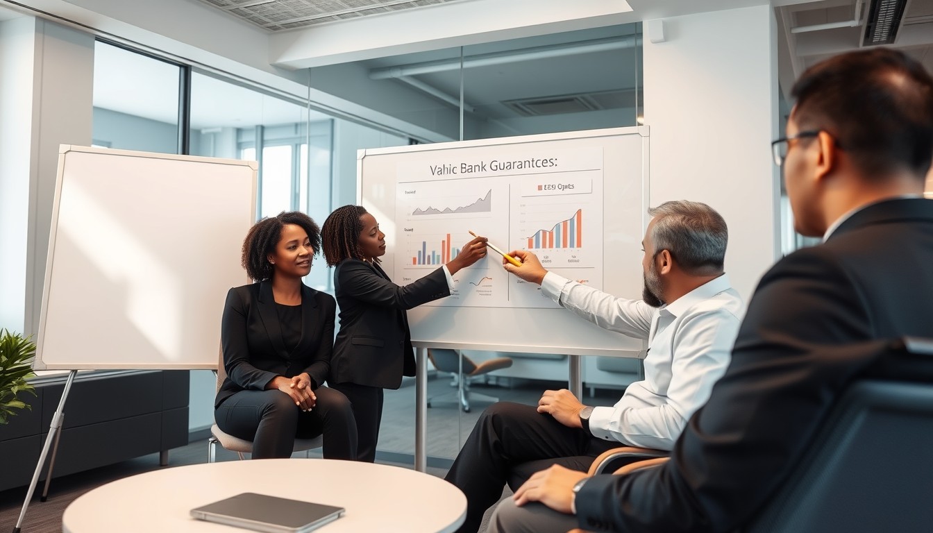 A diverse team of professionals consulting a banking specialist about collateral for a bank guarantee in a modern office space.