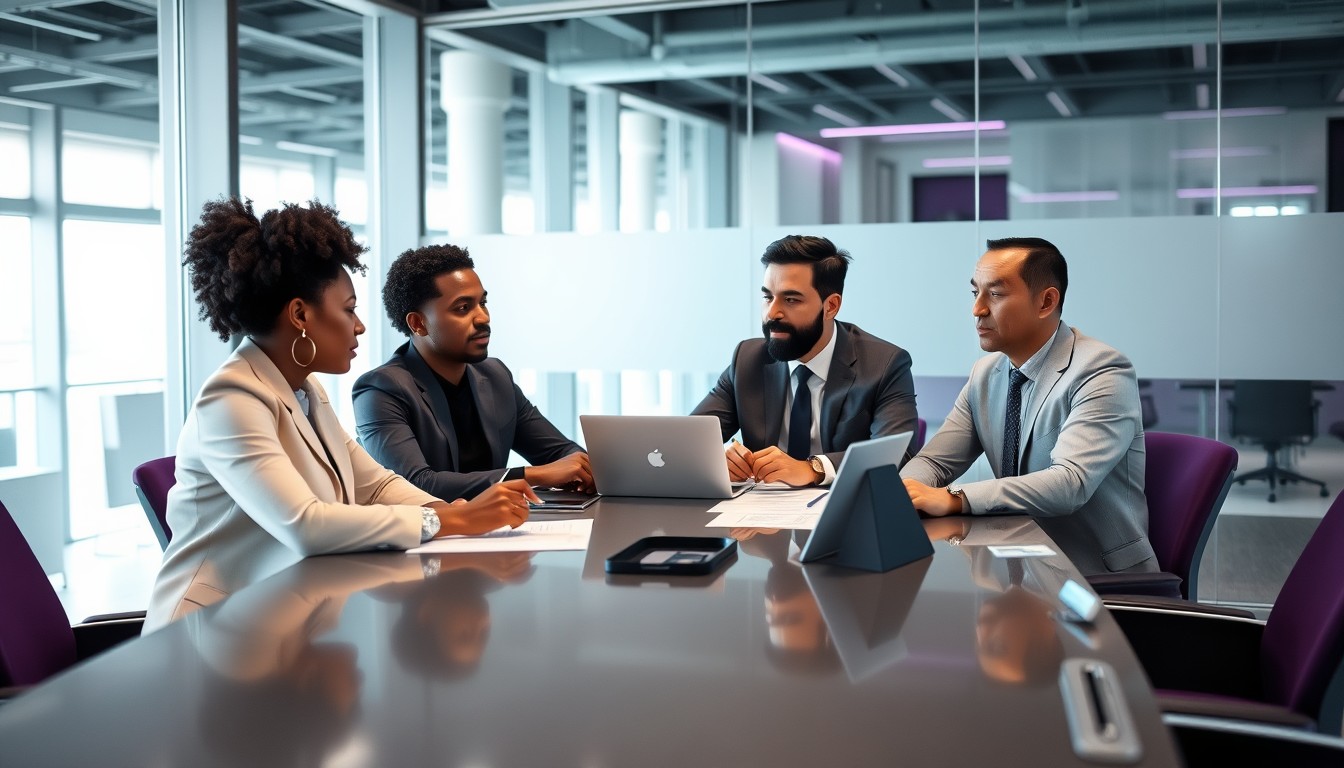 A diverse team of professionals discussing the details of a bank guarantee in a modern office setting. They are gathered around a conference table, reviewing contracts.