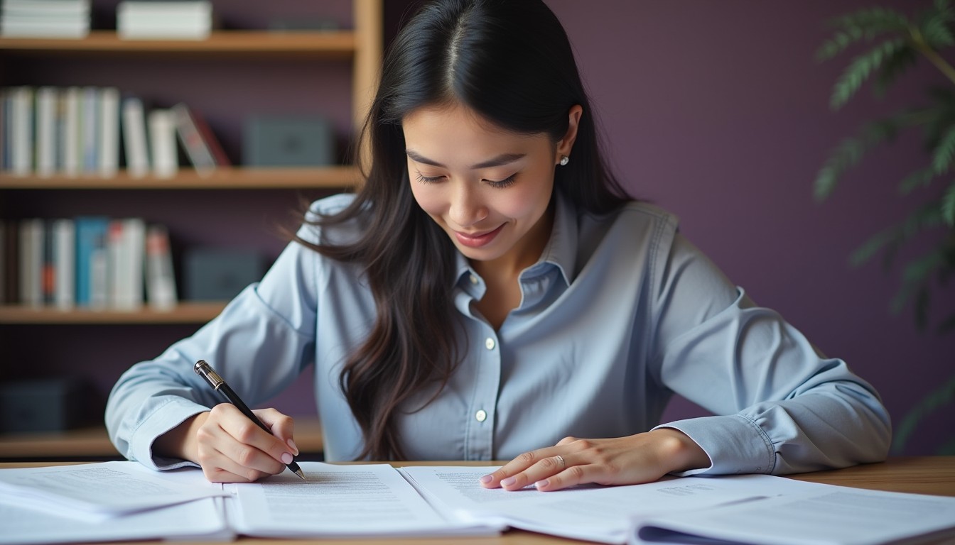 An East Asian professional reviews a printed MOU with focus, checking legal language in a modern, minimalist workspace.