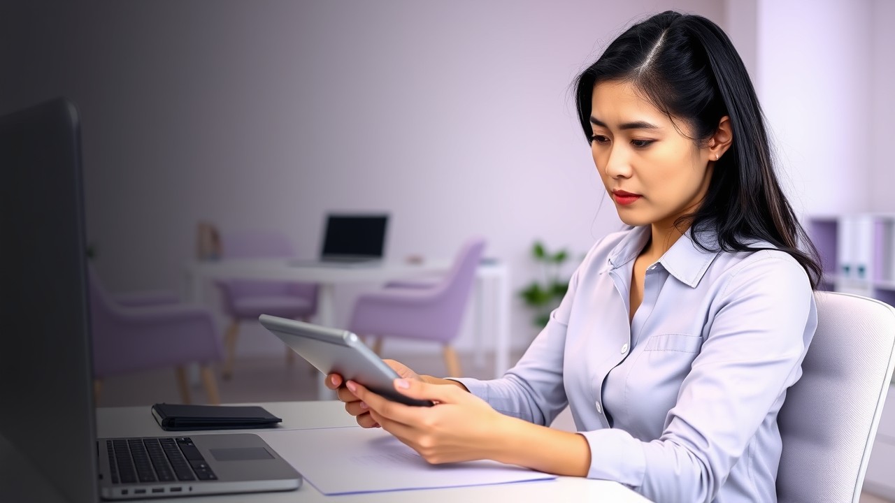 A focused professional reviewing a business contract in a modern office. The scene emphasizes careful management of business risks and liability protection.