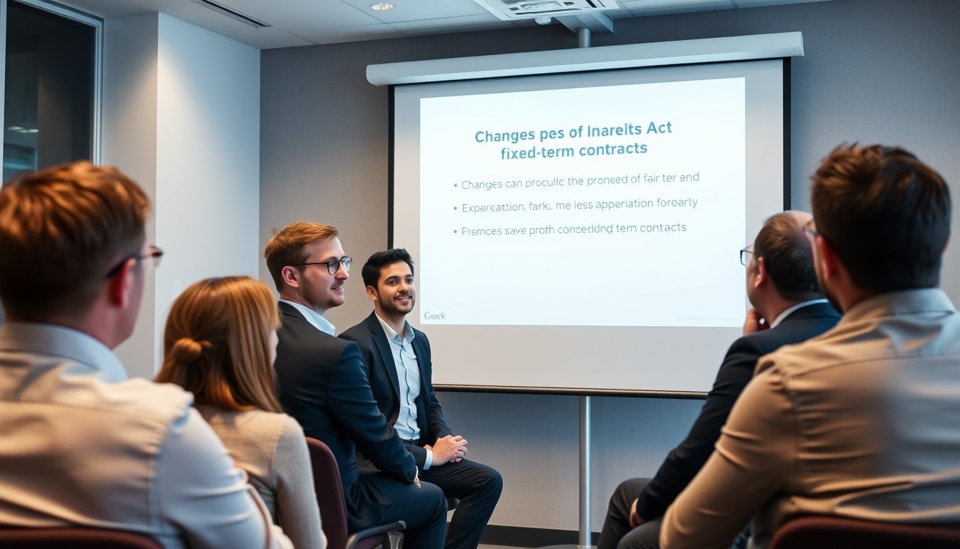 A diverse team of professionals, including Black, Asian, and White individuals, attending a presentation in a modern conference room. A Caucasian man is presenting changes to the Fair Work Act, with the projector screen displaying key updates on fixed-term contracts. The professional, minimalist setting reflects collaboration and focus on legal changes, enhancing the blog section on new rules for fixed-term contracts under the Fair Work Act.