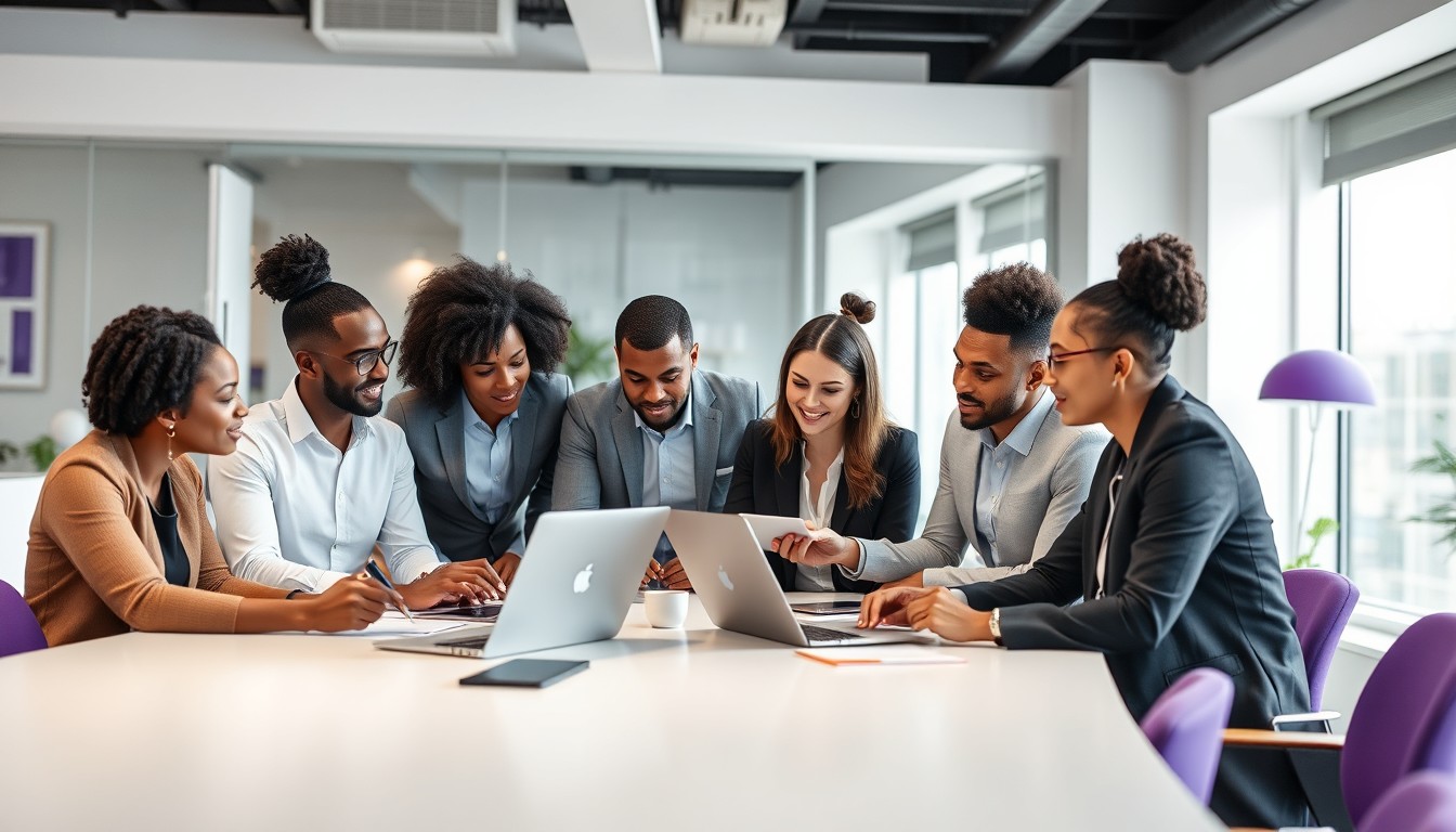 A diverse group of professionals, including Black, Hispanic, and Caucasian individuals, collaborating in a modern office on a project related to fixed-term contracts. They are focused and engaged in the discussion around a sleek conference table, with digital devices and minimalist office decor in the background. This image complements a section of the blog on the importance of understanding fixed-term contracts and employer responsibilities.