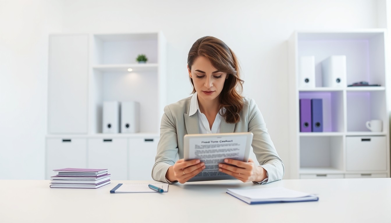 A focused Caucasian woman in a modern office setting, reviewing a Fixed Term Contract Information Statement on a tablet. The minimalist desk features a notepad, tablet, and neatly organized papers, with a clean, professional workspace. This image supports a section of the blog discussing the Fixed Term Contract Information Statement and its importance for both employers and employees in understanding contract terms