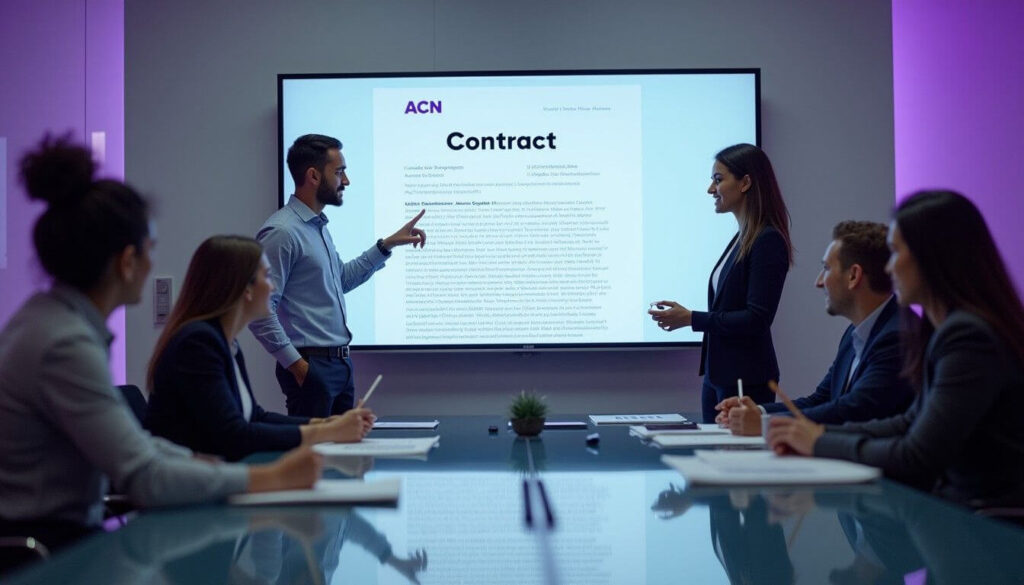 A diverse team in a boardroom reviewing a contract with an ACN displayed on a screen, highlighting legal compliance artwork