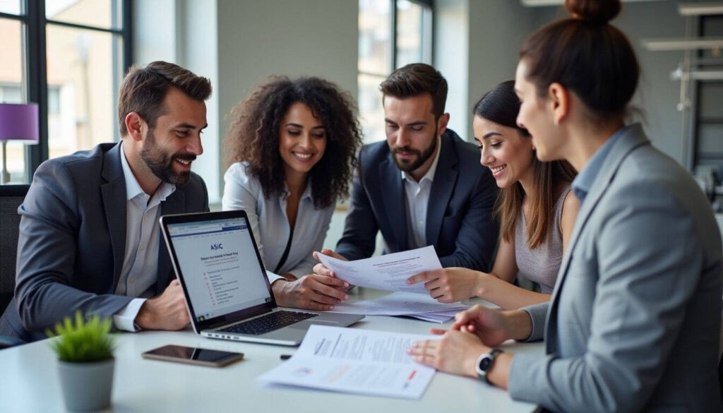 A diverse team of professionals collaborating around a desk, reviewing documents and using a laptop to navigate an ACN registration portal in a modern office setting artwork