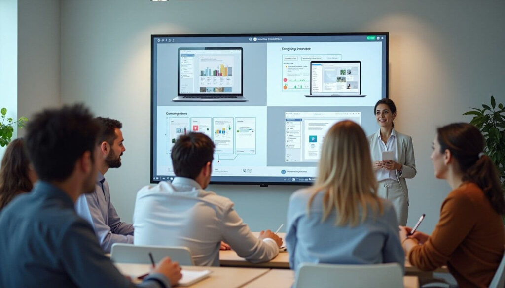 A diverse team in a virtual meeting viewing Business Kitz templates on a screen, showing tools for ACN compliance management artwork