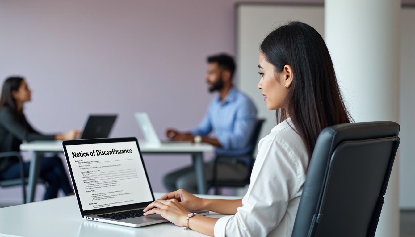 A professional woman reviews a digital notice of discontinuance form at her desk, while two diverse colleagues collaborate in the background of a modern office.