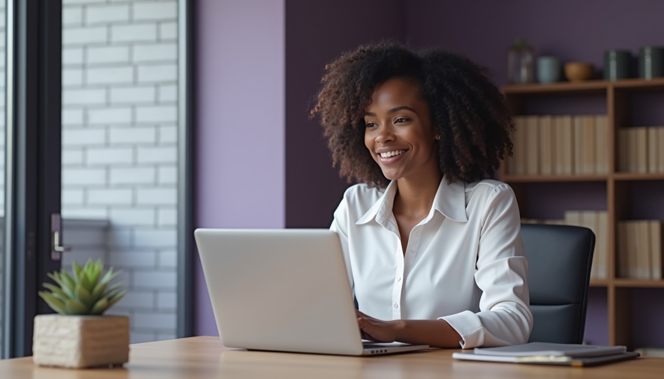 A young African Australian entrepreneur uses a digital platform to store her notice of discontinuance securely in a minimalist office.