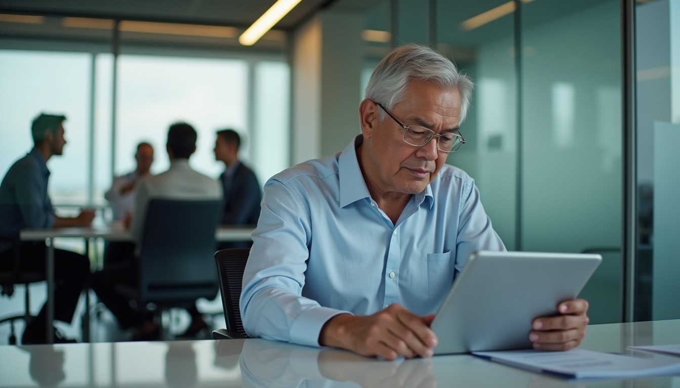 A senior business leader reviews reports in a modern office while a team discusses strategy in a conference room.