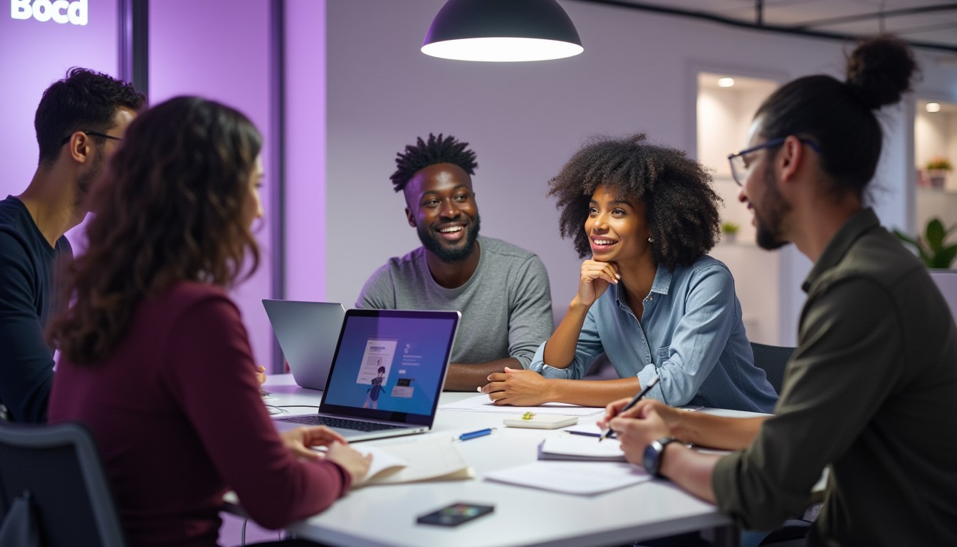 A diverse team of entrepreneurs in a modern co-working space, brainstorming ideas for a startup. A presenter shares insights on a laptop as others discuss.