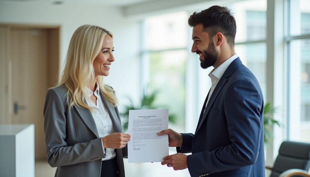A white woman handing a signed employment verification letter to a Middle Eastern man in a modern office lobby artwork