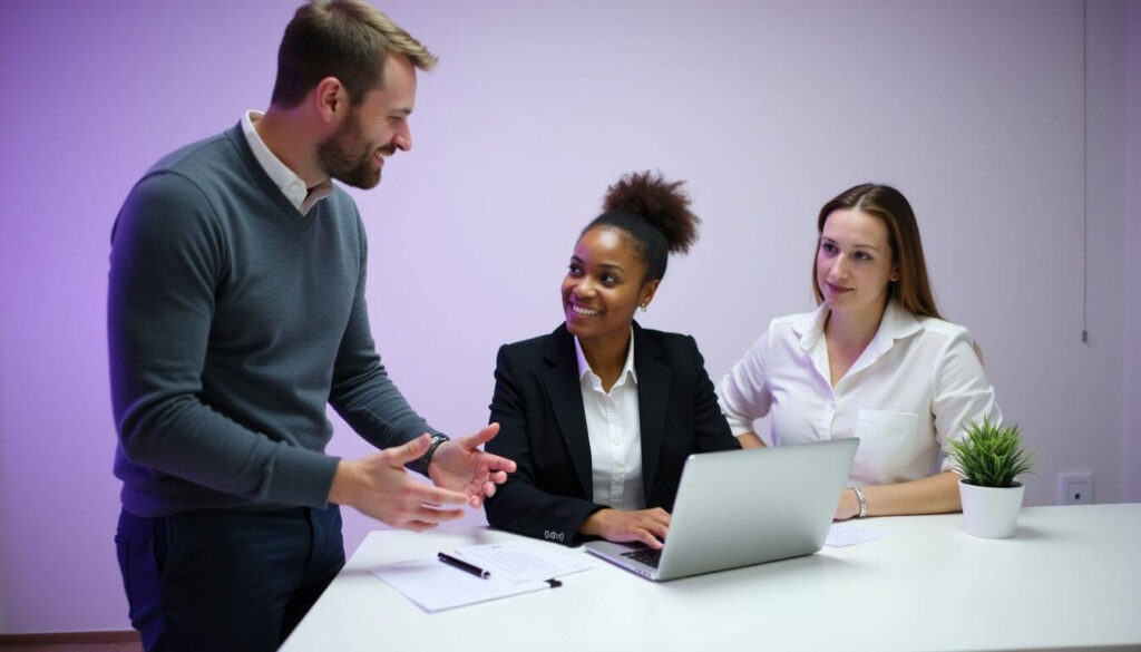 A professional woman of colour typing a letter of employment on a laptop at a modern desk while a colleague provides assistance artwork