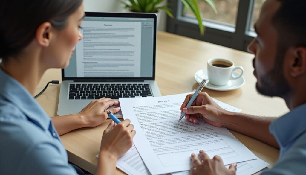 An Asian woman and a Black man reviewing and customising an employment verification letter template in a minimalist meeting room artwork