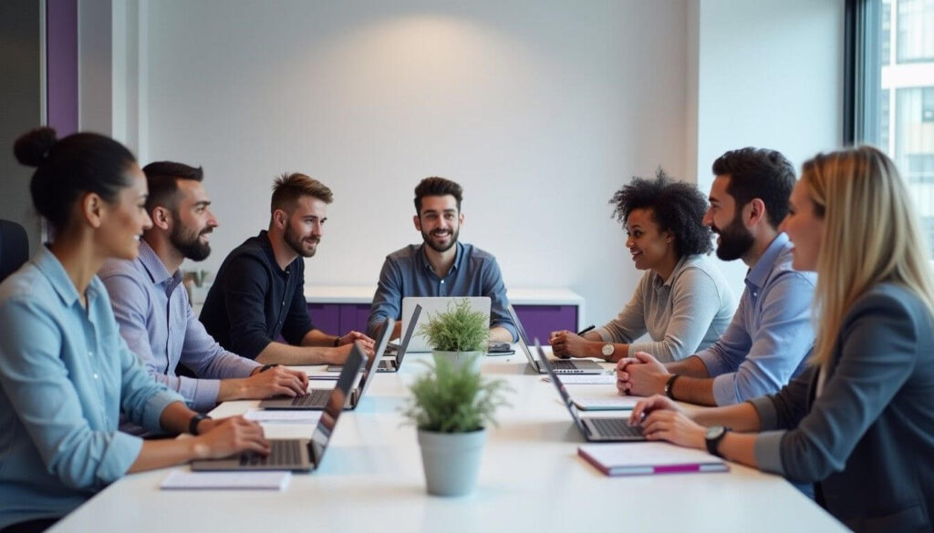  A diverse group of professionals in a modern conference room, engaged in a discussion, representing a structured and collaborative Pty Ltd company environment artwork
