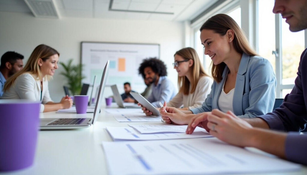 A diverse team collaborating with digital and printed document tools in a modern office, highlighting Business Kitz’s support for Pty Ltd compliance and registration artwork