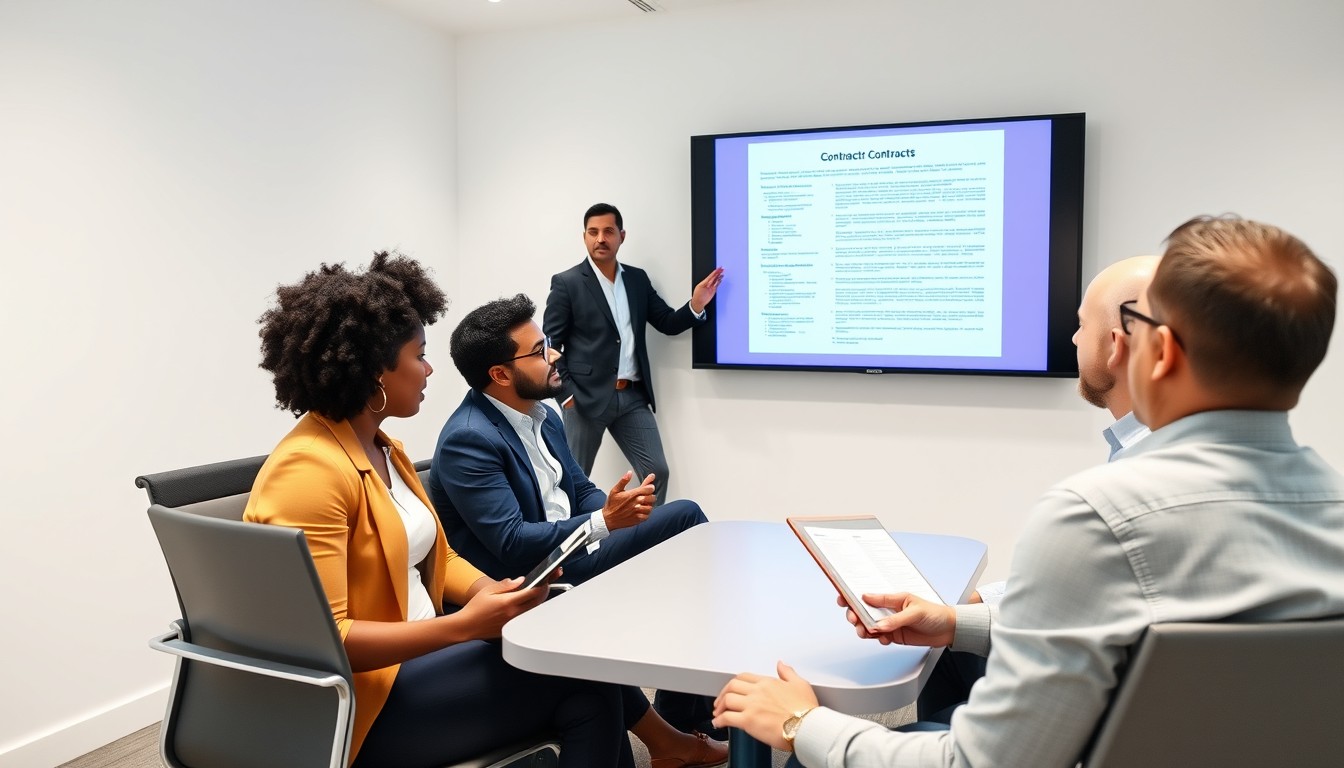 A diverse group of professionals discusses a subcontractor agreement during a presentation. One person stands at the front, presenting the contract on a screen, while others engage in the discussion, highlighting the importance of clear communication in contract management.
