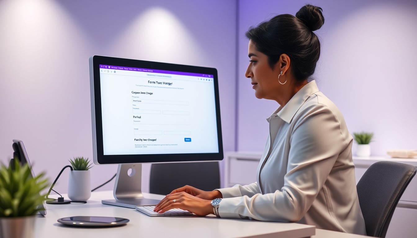 A professional woman of South Asian descent filling out an online ASIC form for a company name change on her computer in a minimalist office. The workspace is clean and focused on efficiency.