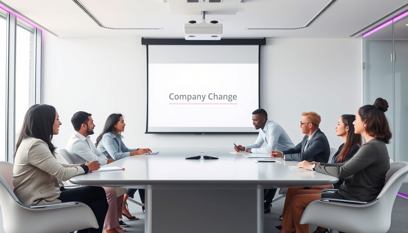 A diverse group of professionals discussing a company name change during a formal meeting. The focus is on collaboration as they review the proposed resolution. The office is modern and minimalistic, with purple accents in the décor.