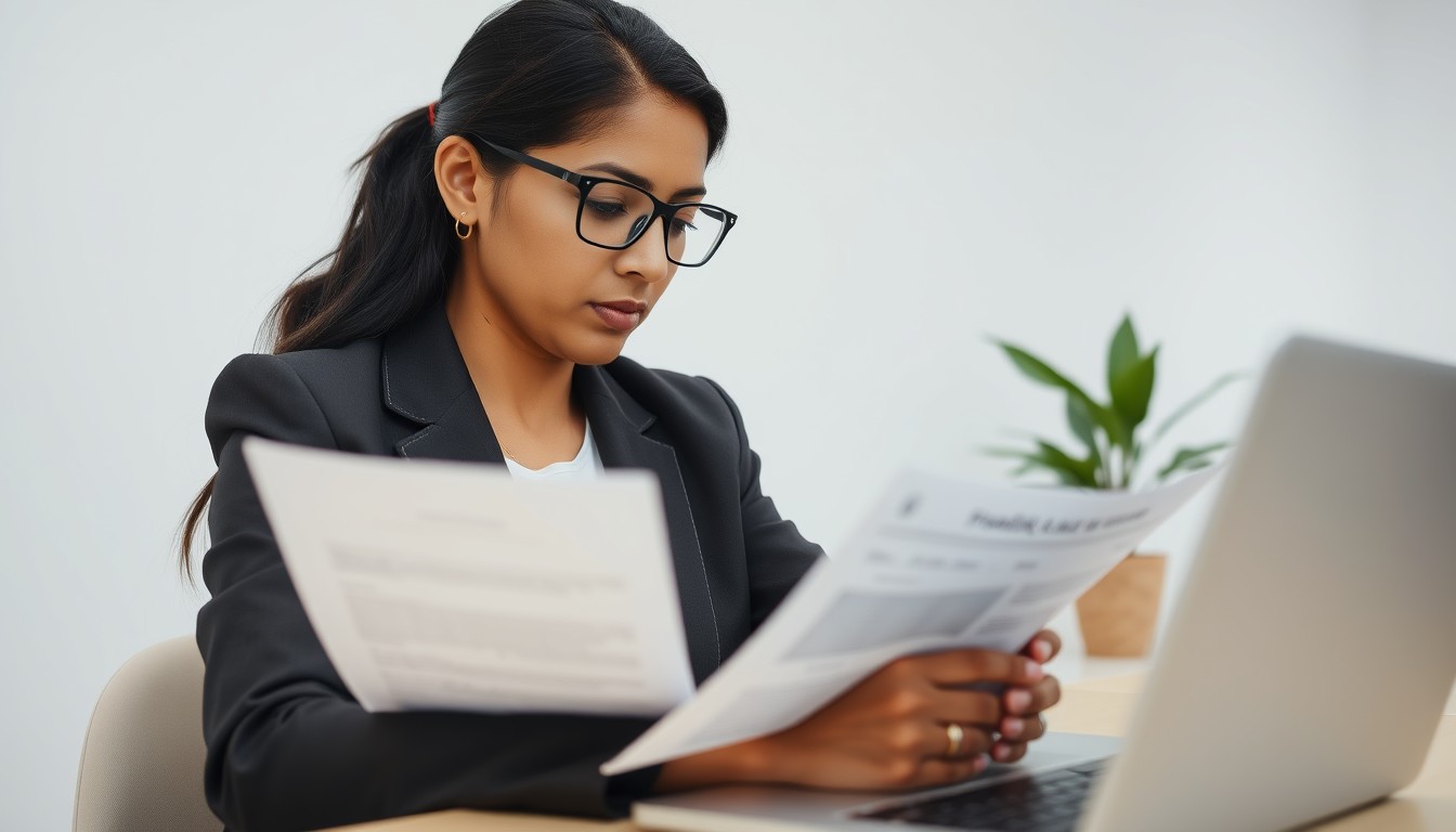 A South Asian woman reviewing legal documents on a laptop in a minimalist office. The scene highlights the focused work involved in setting up a holding company, reflecting careful decision-making