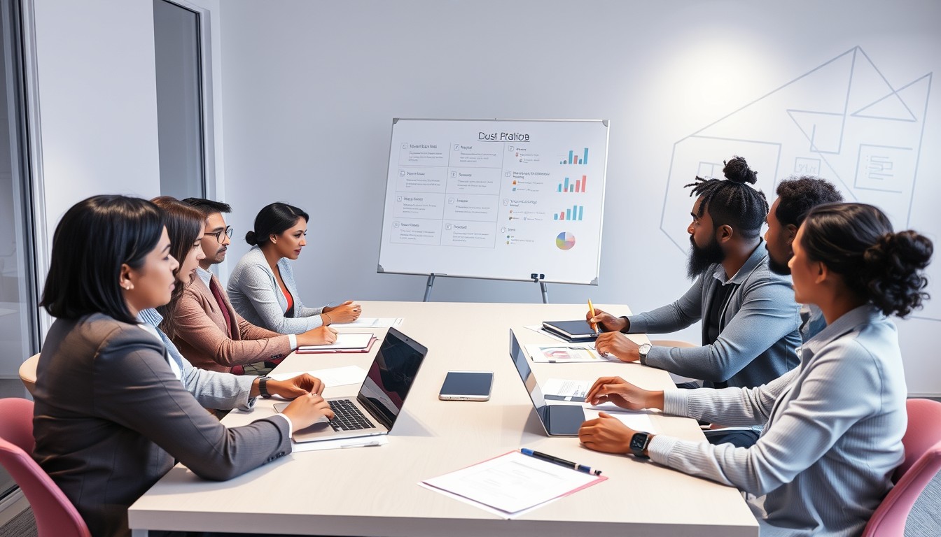 A diverse group of professionals gathered in a modern office, discussing strategies for setting up a holding company. The scene highlights collaboration and focused teamwork