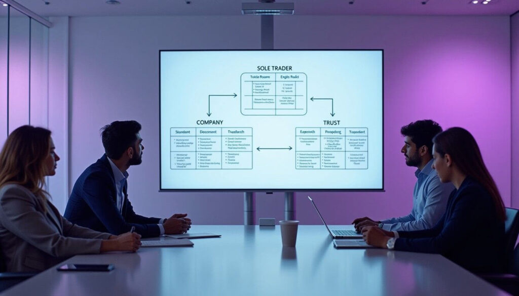 Four diverse professionals discuss business structures using a digital whiteboard in a modern office artwork