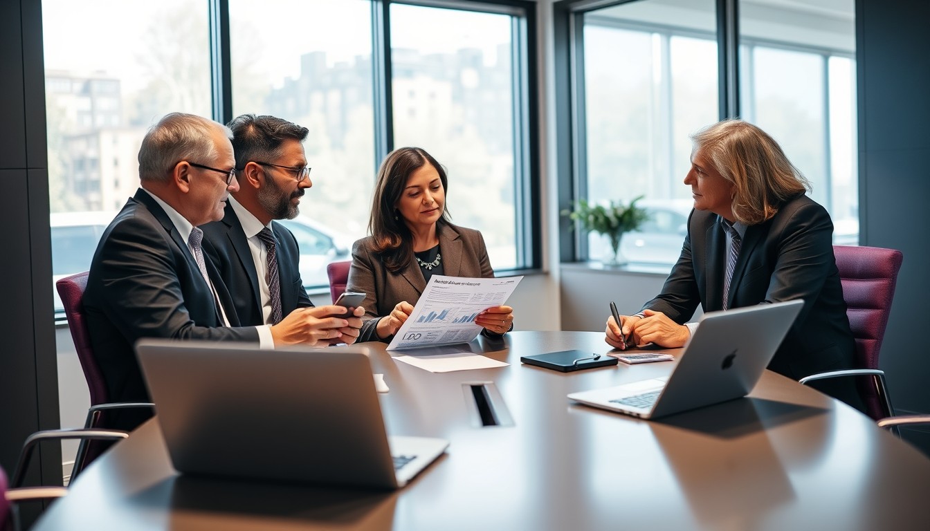 A bright, collaborative office space with a group of professionals discussing asset management. A woman of African descent gestures confidently toward a whiteboard displaying a flowchart of "Asset Transfer Benefits." A man of European descent smiles while holding a tablet, and a woman of Hispanic descent takes notes. The setting includes clean lines, a large desk, and subtle purple gradients in the background for a modern, streamlined aesthetic.