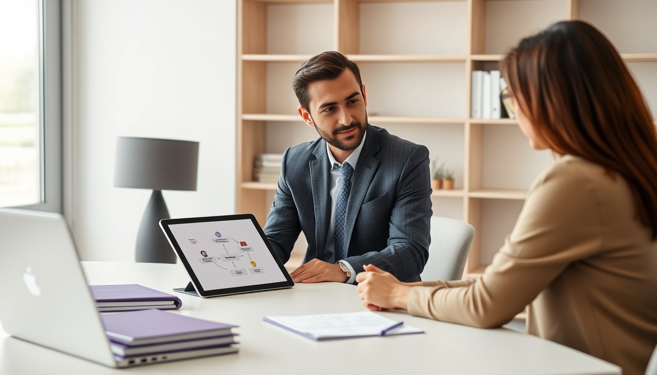 A professional setting with a focus on a desk workspace. A woman of East Asian descent reviews a detailed financial document on her laptop while a man of Middle Eastern descent, seated nearby, uses a calculator. A printed chart with the heading "SMSF Compliance Rules" lies on the desk. The environment is organized and features neutral tones with touches of purple, emphasizing focus and precision.