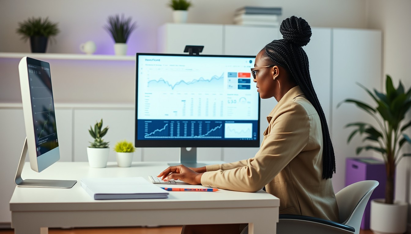 A modern office scene featuring a diverse group of professionals gathered around a sleek conference table. A woman of South Asian descent and a man of African descent are pointing to a digital tablet displaying a stock portfolio graph, symbolizing the transfer of assets. A man of European descent looks on while taking notes. The room is minimalist, with clean white walls, subtle purple accents, and large windows allowing natural light to fill the space.