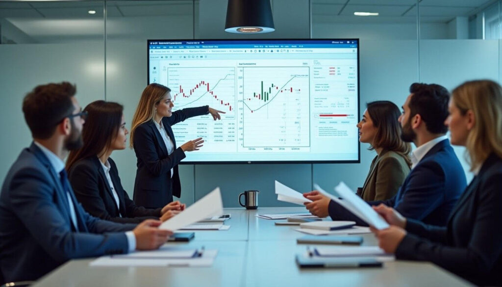 A diverse team of professionals in a modern conference room reviews goodwill impairment reports. A financial analyst presents findings on a screen displaying impairment data artwork