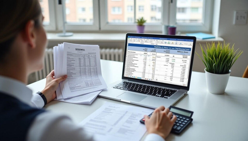 An accountant in a modern office calculates goodwill on a laptop and financial documents. A spreadsheet on the screen displays the goodwill formula and financial data artwork