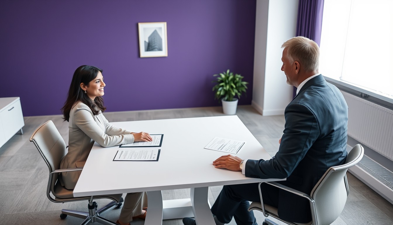 A South Asian woman client receiving legal advice from a White male lawyer in a minimalist office setting. They are discussing fit for purpose clauses with legal documents on the desk, reflecting the importance of professional advice in drafting contracts.