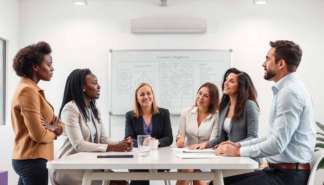 A South Asian woman client receiving legal advice from a White male lawyer in a minimalist office setting. They are discussing fit for purpose clauses with legal documents on the desk, reflecting the importance of professional advice in drafting contracts.
