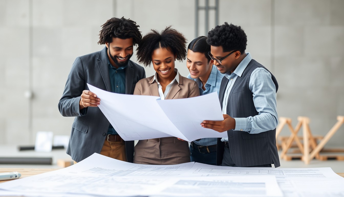 A diverse team at a construction site reviewing blueprints. The group includes a Black woman architect, a Caucasian male contractor, and a Hispanic male engineer, reflecting collaboration in a professional setting focused on fit for purpose in construction contracts.