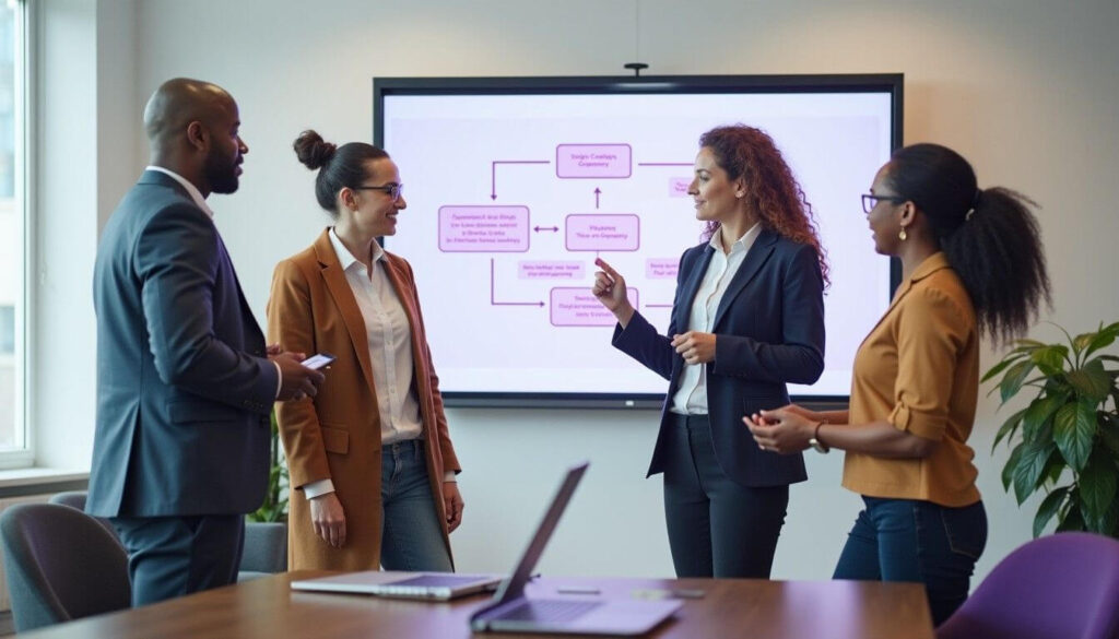 A diverse team of professionals in a modern office discussing business strategies related to shell companies, with a digital whiteboard displaying a simplified flowchart artwork
