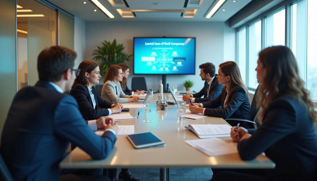 A collaborative team in a conference room reviewing legal and financial documentation, demonstrating the responsible use of shell companies in business practices artwork