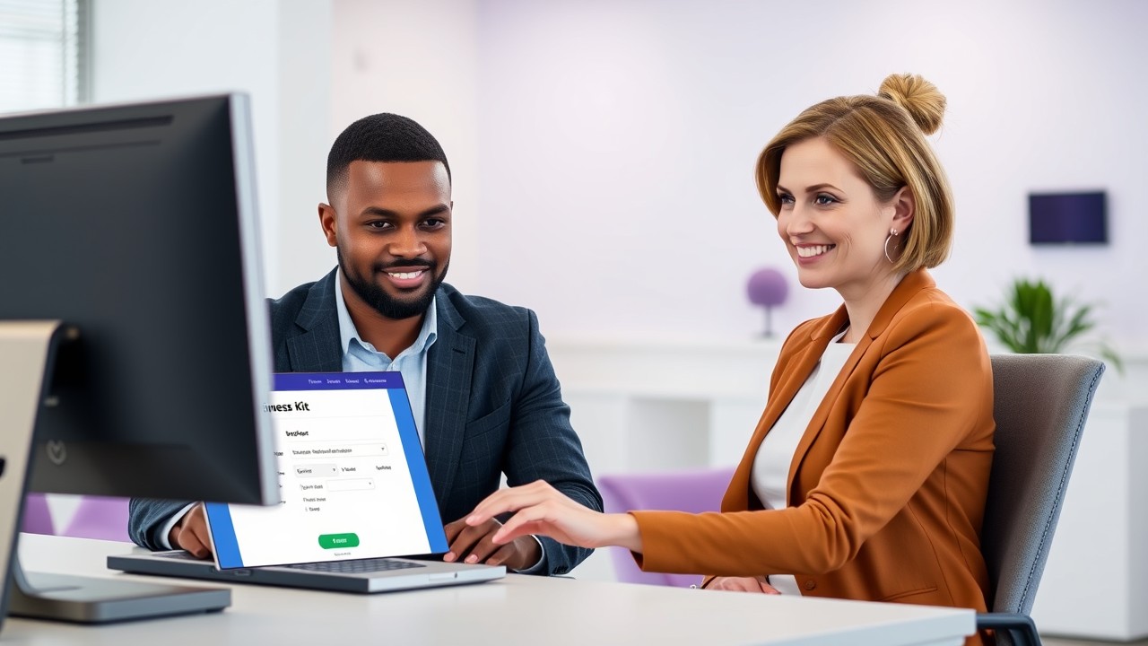 A diverse professional pair using Business Kitz tools to register a company limited by guarantee, illustrating how streamlined the setup process can be.