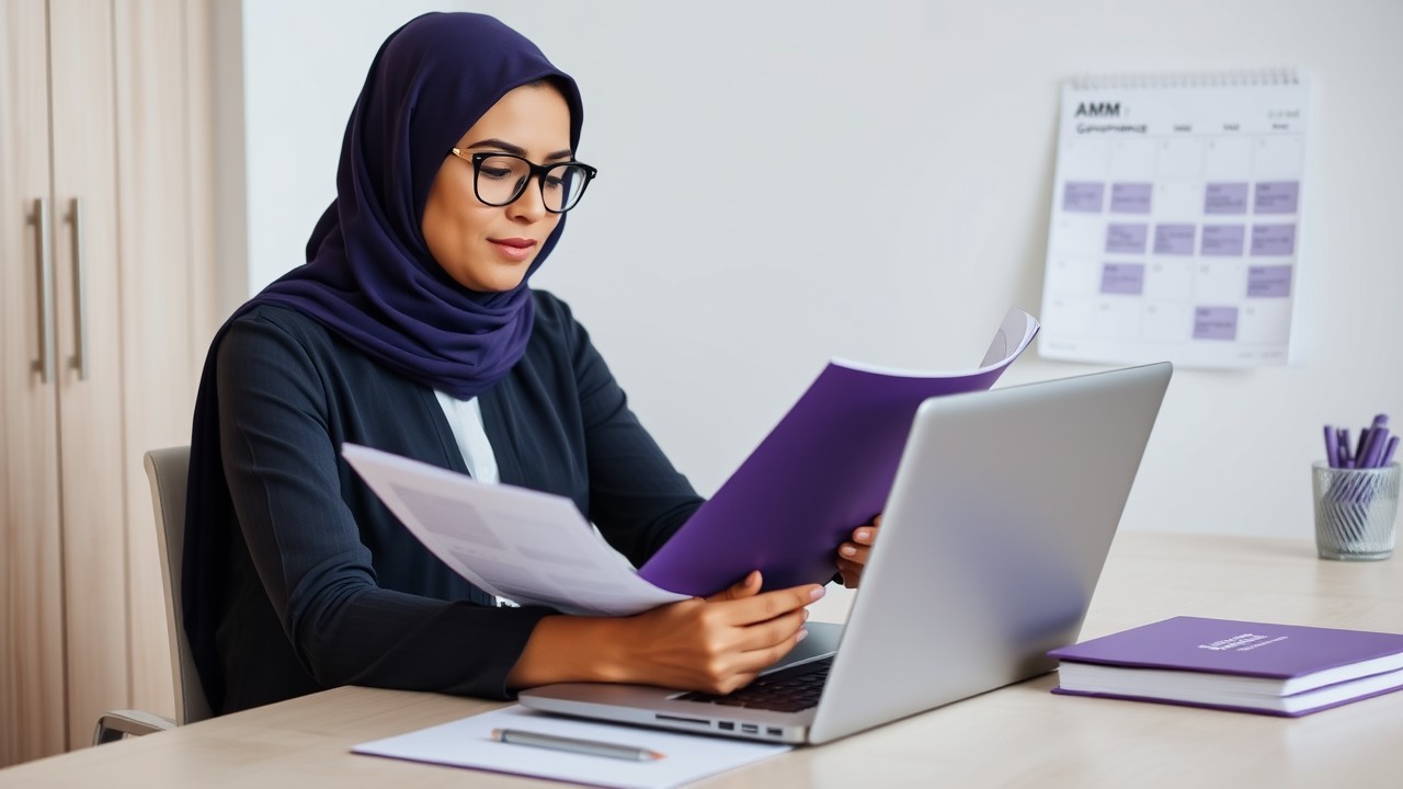 A woman reviewing annual governance documents at a tidy desk, representing the need for clear compliance practices in a company limited by guarantee.