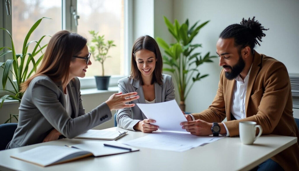 A group of diverse professionals reviewing a Bill of Sale in a modern office setting, showcasing collaboration during a sales transaction artwork