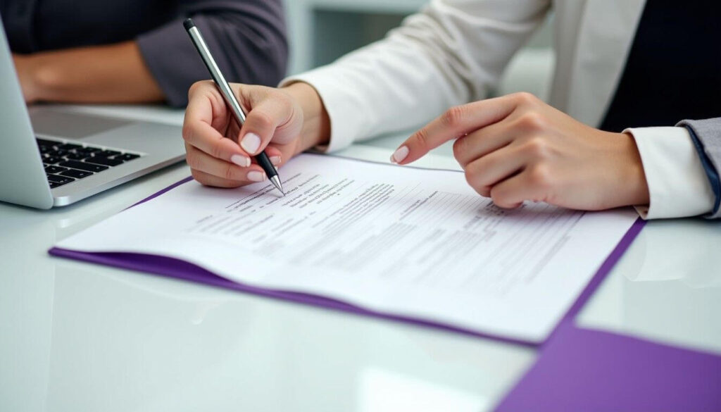 A professional woman signing a Bill of Sale at a minimalist desk, with another person guiding her through the process in a polished office space artwork