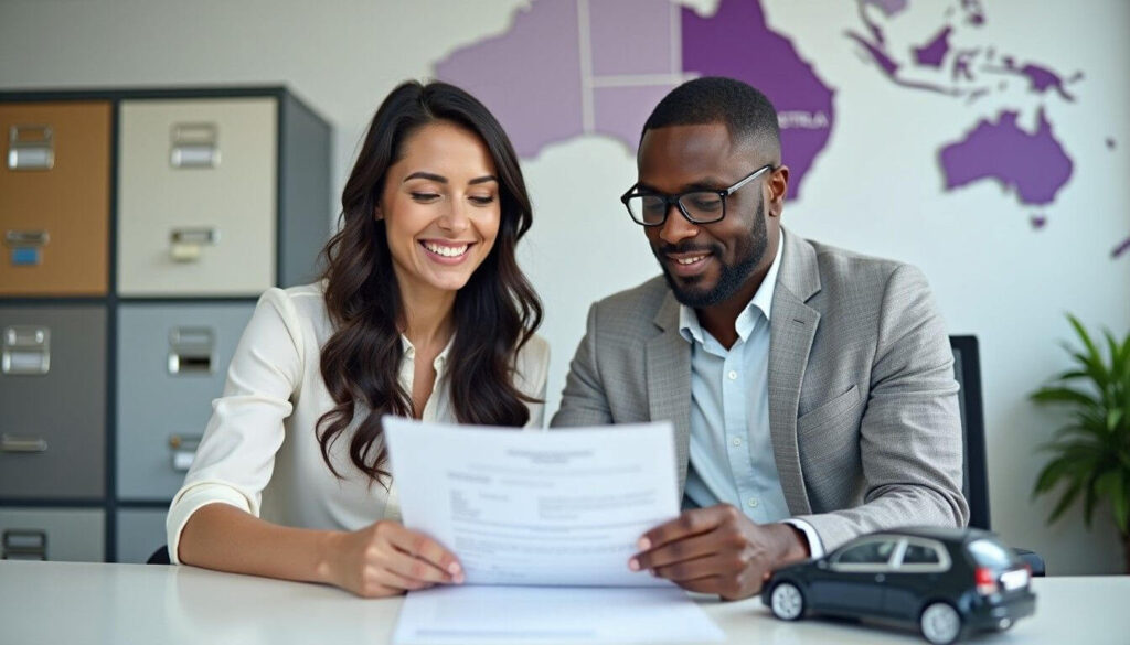 Two professionals verifying motor vehicle details and reviewing a document in a professional workspace with an Australian map in the background artwork