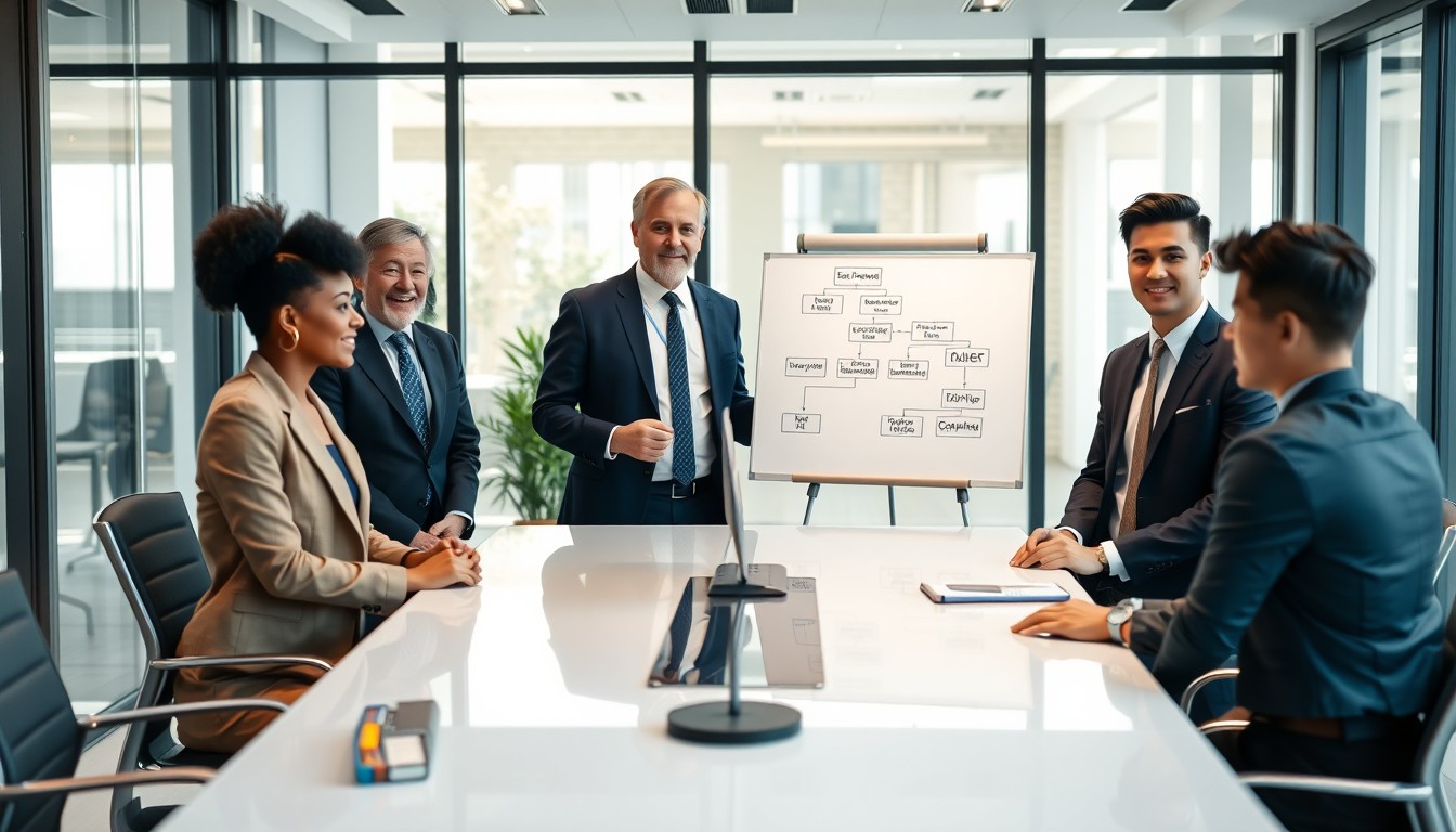 A diverse group of professionals in a modern office, gathered around a conference table, discussing the role of the settlor in establishing a trust. One person is presenting a flowchart of asset transfer and trust roles on a whiteboard.