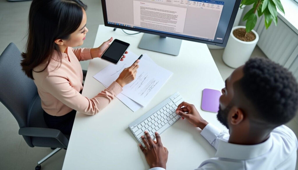 A woman scans signature with phone while colleague checks Word Insert Picture screen artwork