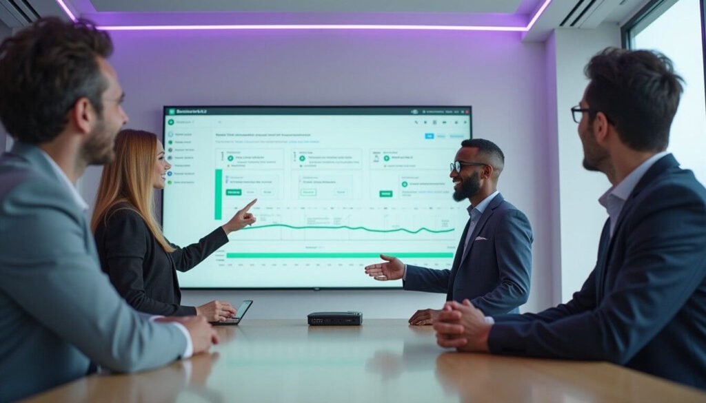 Four diverse colleagues study Business Kitz dashboard showing signer status timeline artwork