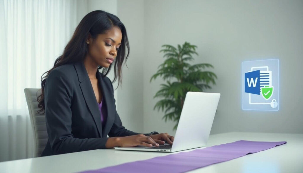 Aboriginal executive views laptop with Word invisible-signature banner and green shield icon artwork