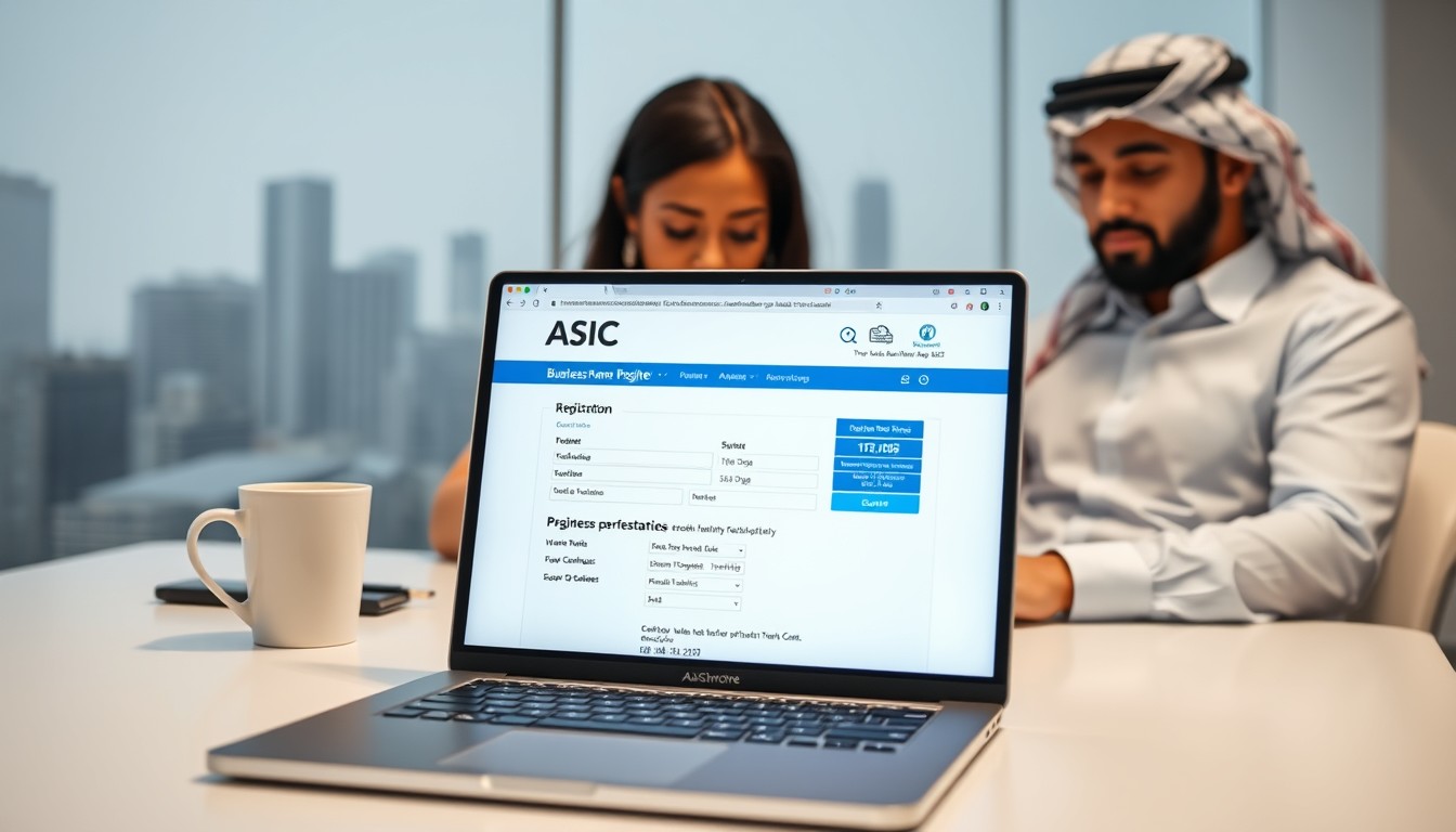A young woman and a man collaborating at a sleek desk, registering a new business name on a laptop, reflecting a modern and professional work setting. 
