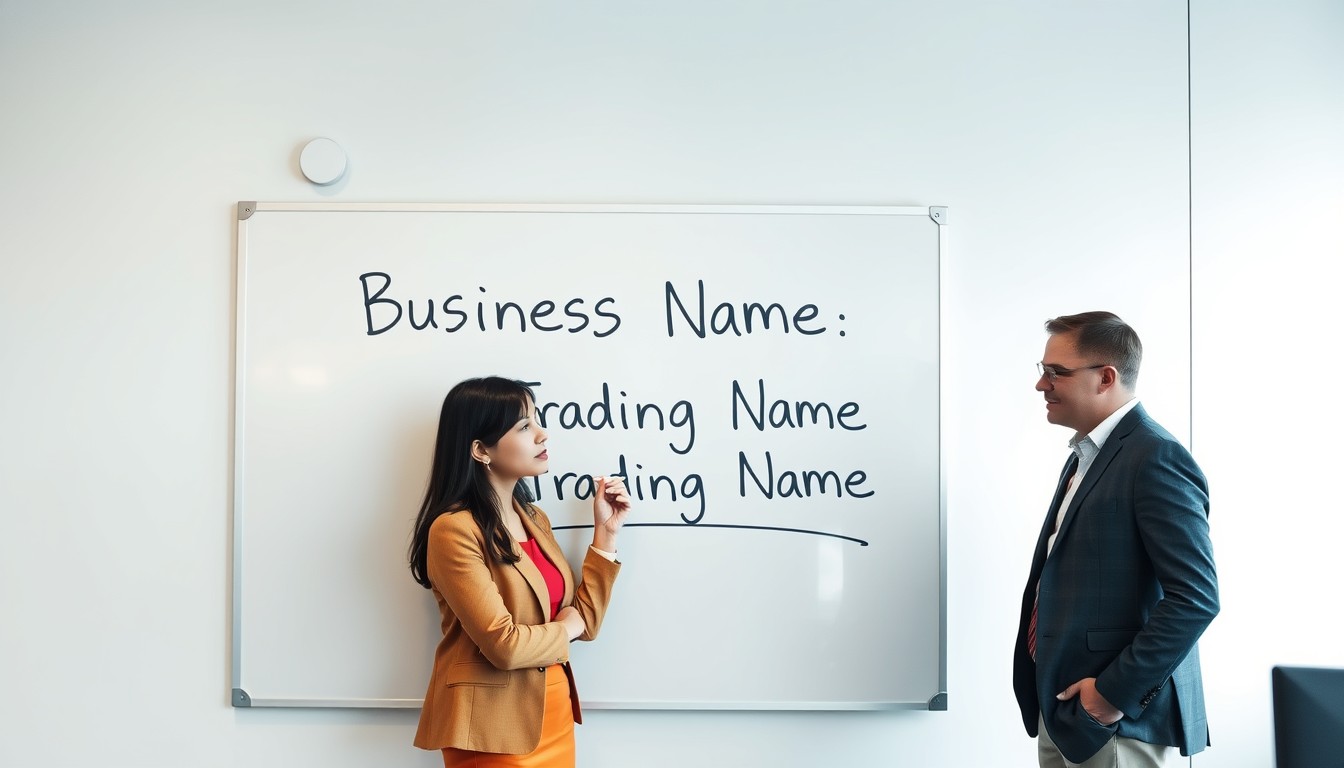 A diverse team discussing the difference between a business name and a trading name in a modern office. A whiteboard displays the terms clearly as the team collaborates on the concept.