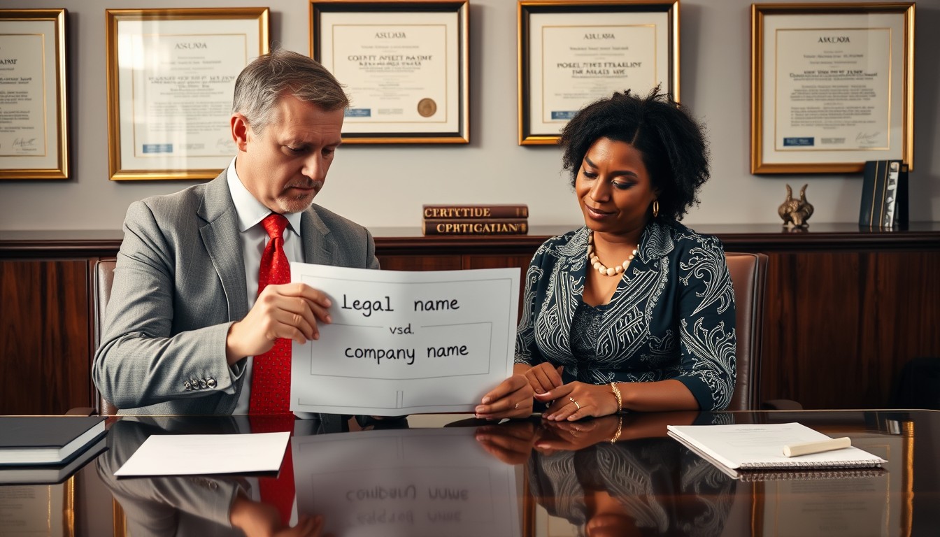 A man and woman in a professional office setting, reviewing documents that explain the difference between a legal name and a company name for a business.