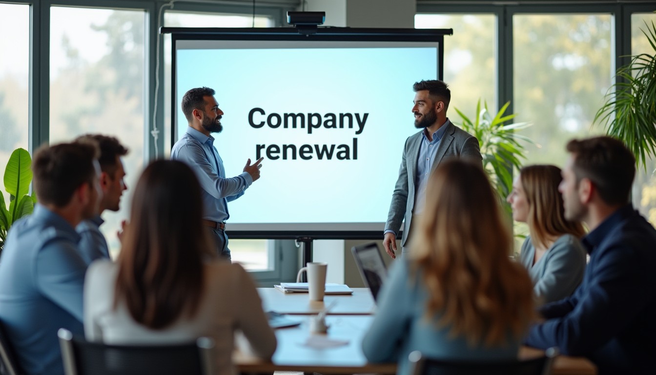 A diverse group of business professionals in a modern conference room discussing company renewal, ensuring all business name renewal tasks are completed.