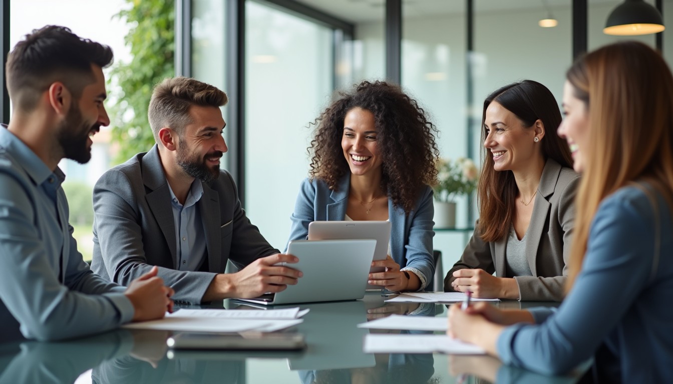 A diverse group of business owners consulting a private service provider about ASIC business renewal, reviewing digital options for seamless compliance management.